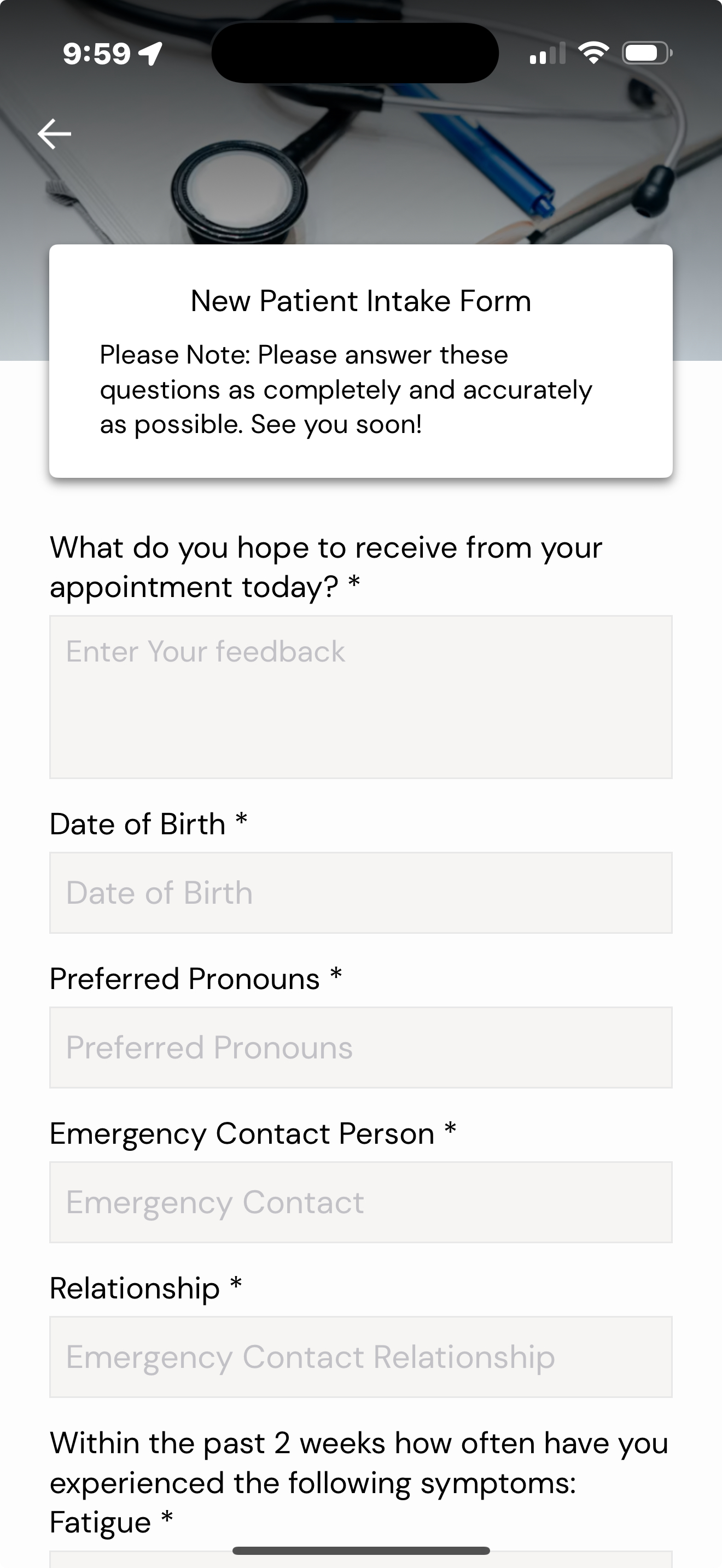 New patient intake form